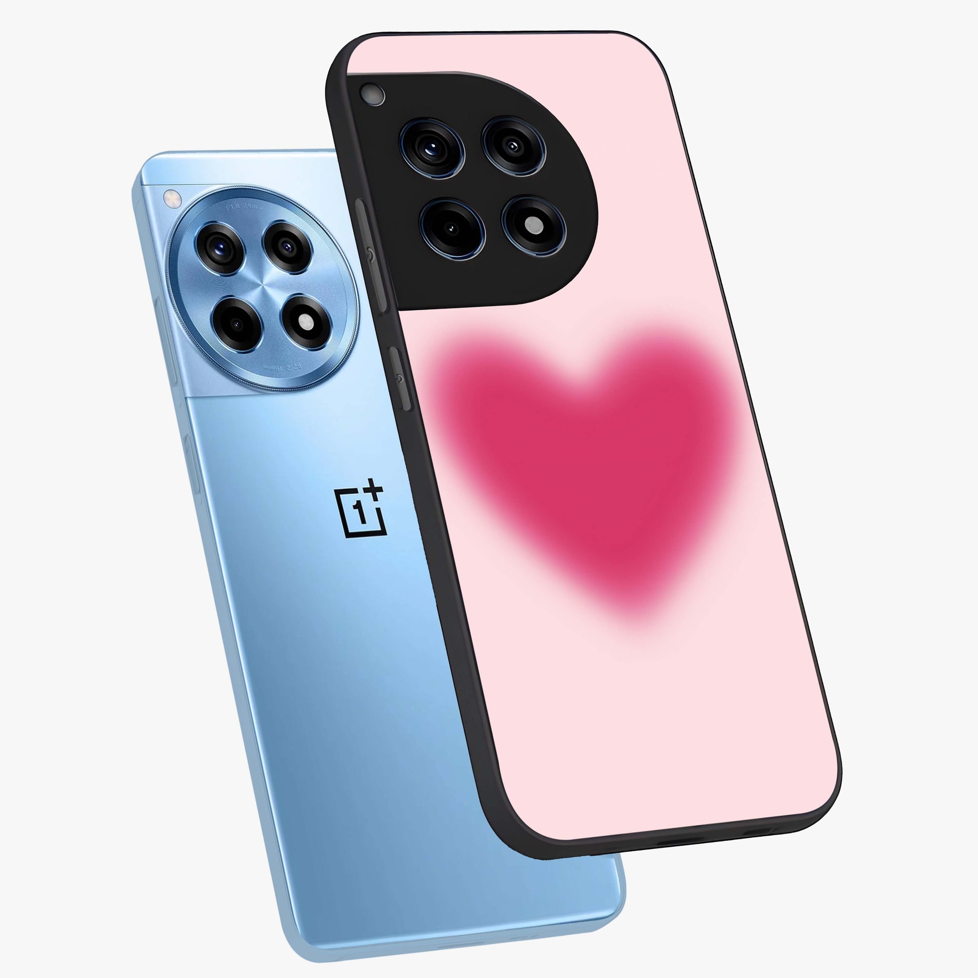 Pink Aura Heart Glass Case for 1+12R angled mockup showcasing glossy glass finish and radiant aura detailing