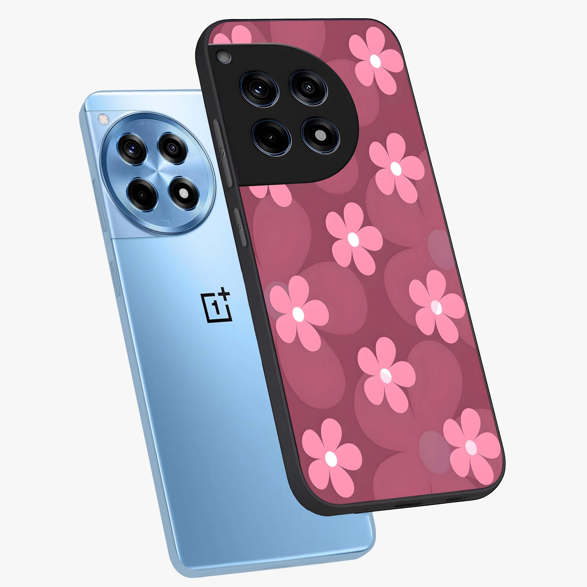 Pink Daisy Flower Pattern Glass Case for 1+12R angled mockup showcasing glossy finish and playful bloom detailing