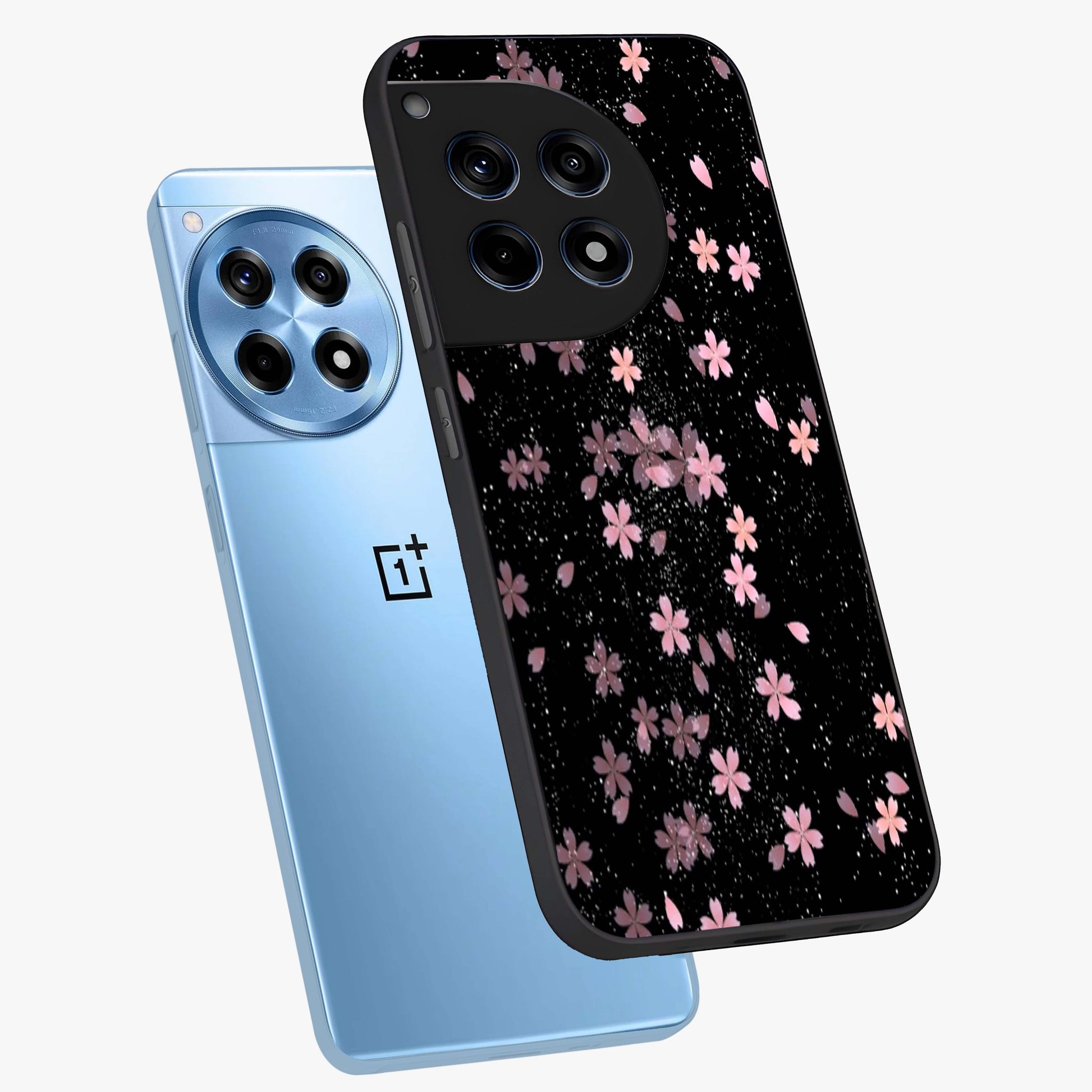 Pink Flower Black Background Glass Case for 1+12R angled mockup showcasing glossy finish and bold contrast tones