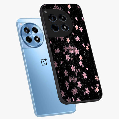 Pink Flower Black Background Glass Case for 1+12R angled mockup showcasing glossy finish and bold contrast tones