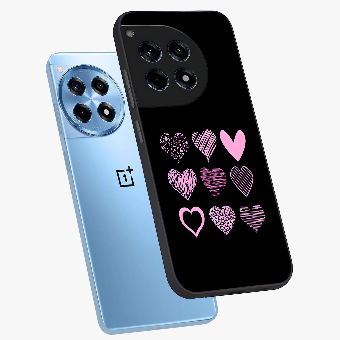 Pink Heart Aesthetic Glass Case for 1+12R angled mockup showcasing glossy finish and pastel romantic detailing