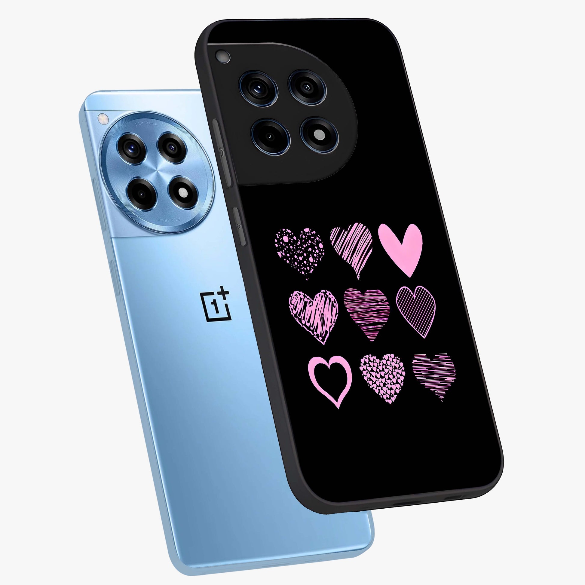Pink Heart Aesthetic Glass Case for 1+12R angled mockup showcasing glossy finish and pastel romantic detailing