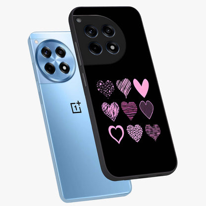 Pink Heart Aesthetic Glass Case for 1+12R angled mockup showcasing glossy finish and pastel romantic detailing