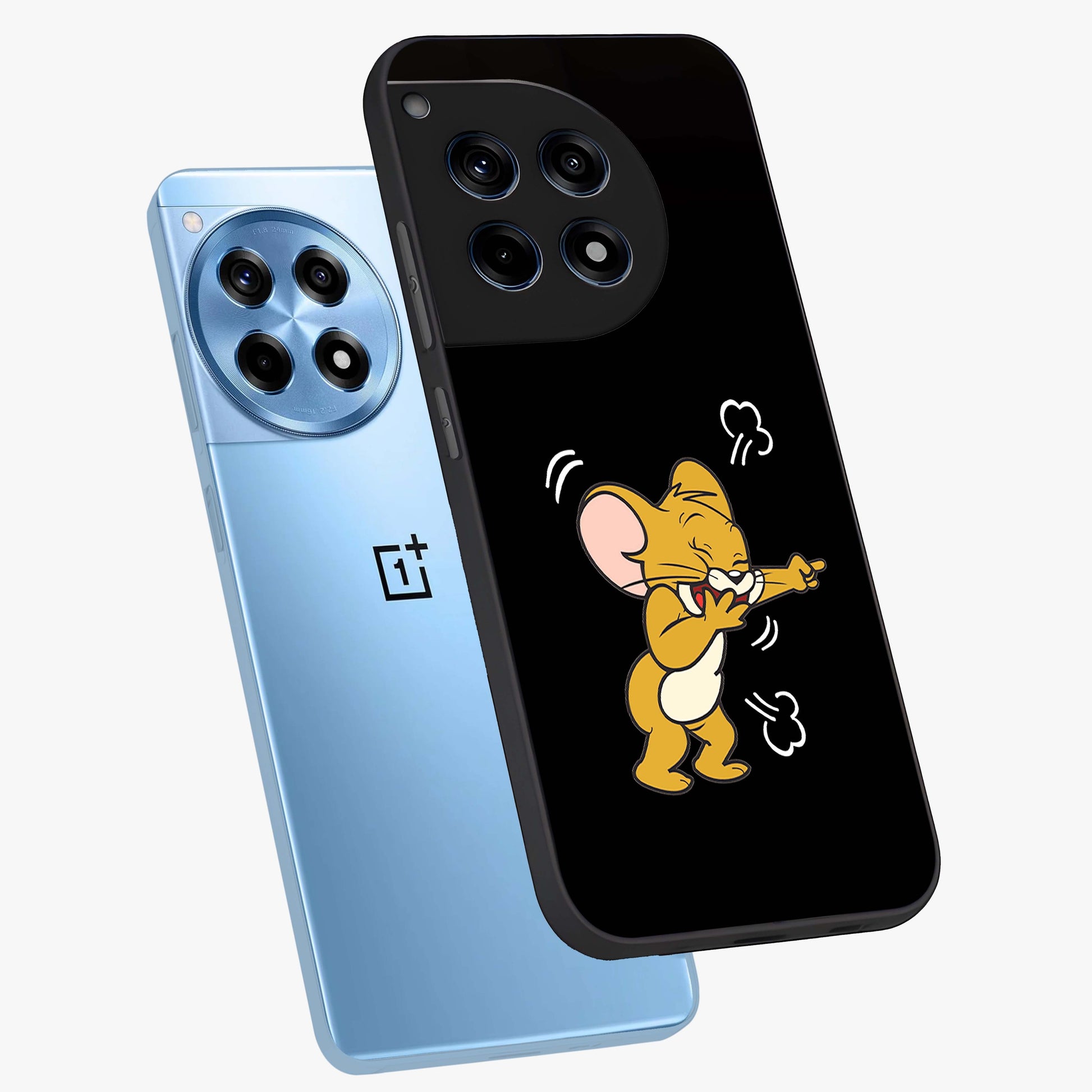 Playful Jerry Vibes Glass Case for 1+12R angled mockup showcasing glossy finish and vibrant character detailing