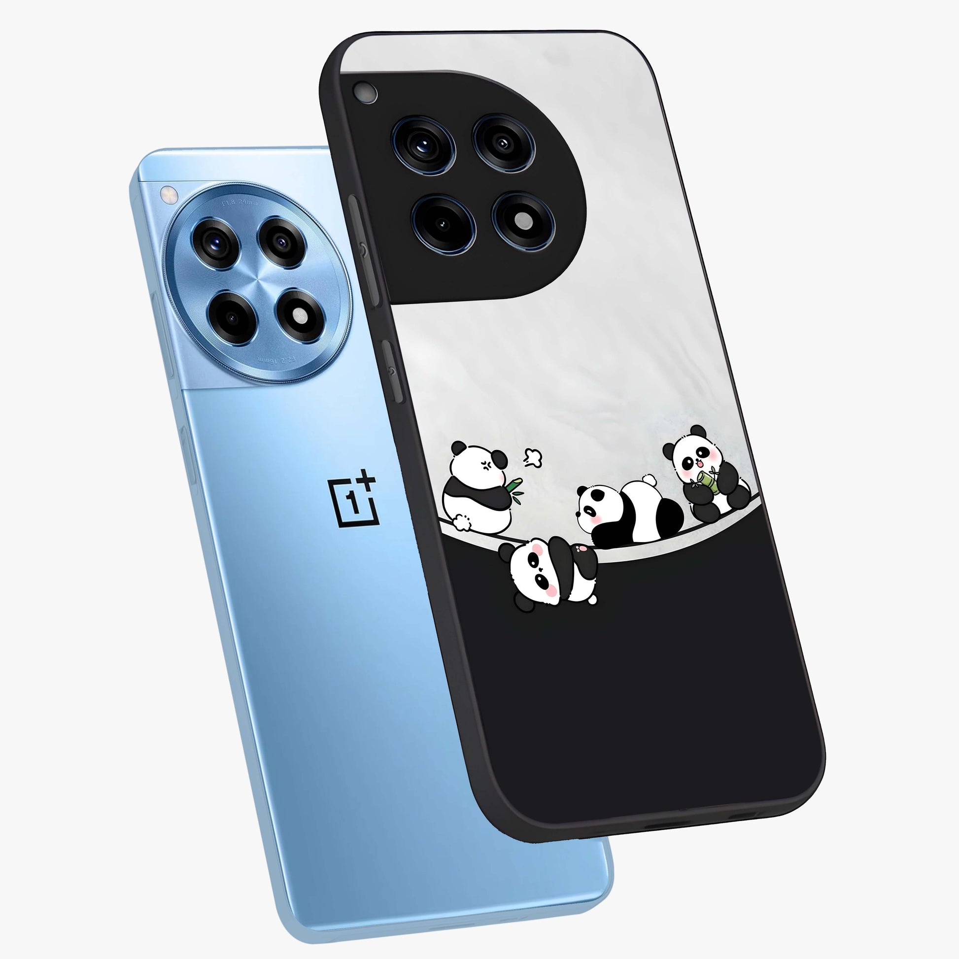 Playful Panda Parade Glass Case for 1+12R angled mockup showcasing glossy finish and soft pastel tones