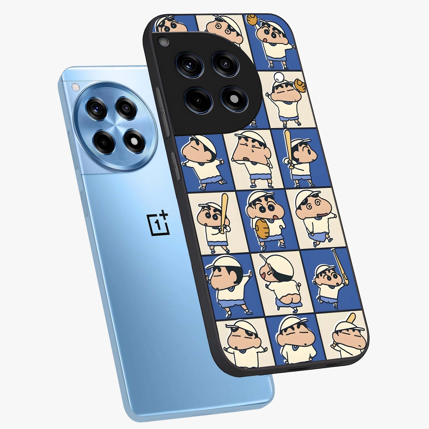 Playful Shin Swing Glass Case for 1+12R angled mockup showcasing glossy finish and vibrant cartoon detailing