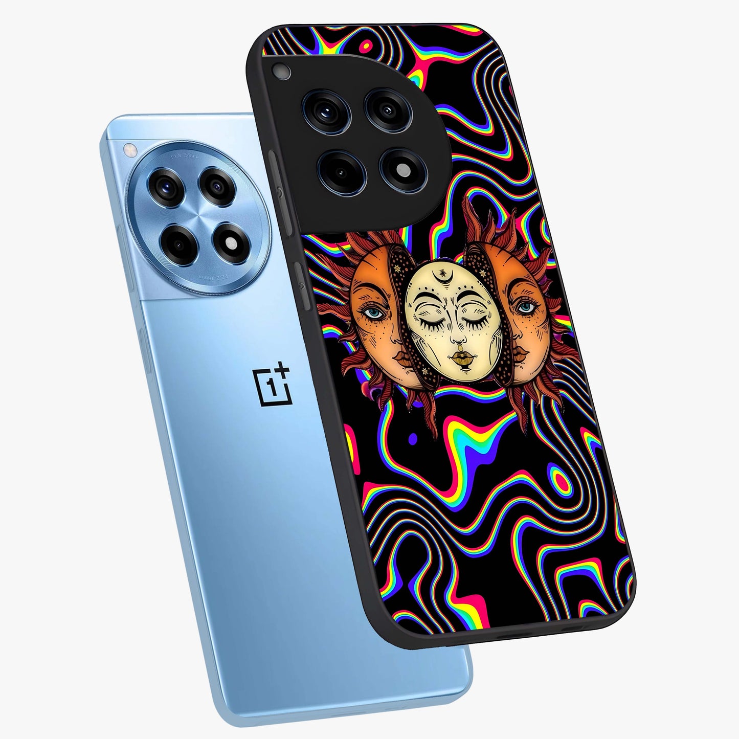 Psychedelic Sun Glass Case for 1+12R angled mockup showcasing glossy finish and bold abstract detailing