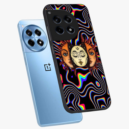 Psychedelic Sun Glass Case for 1+12R angled mockup showcasing glossy finish and bold abstract detailing