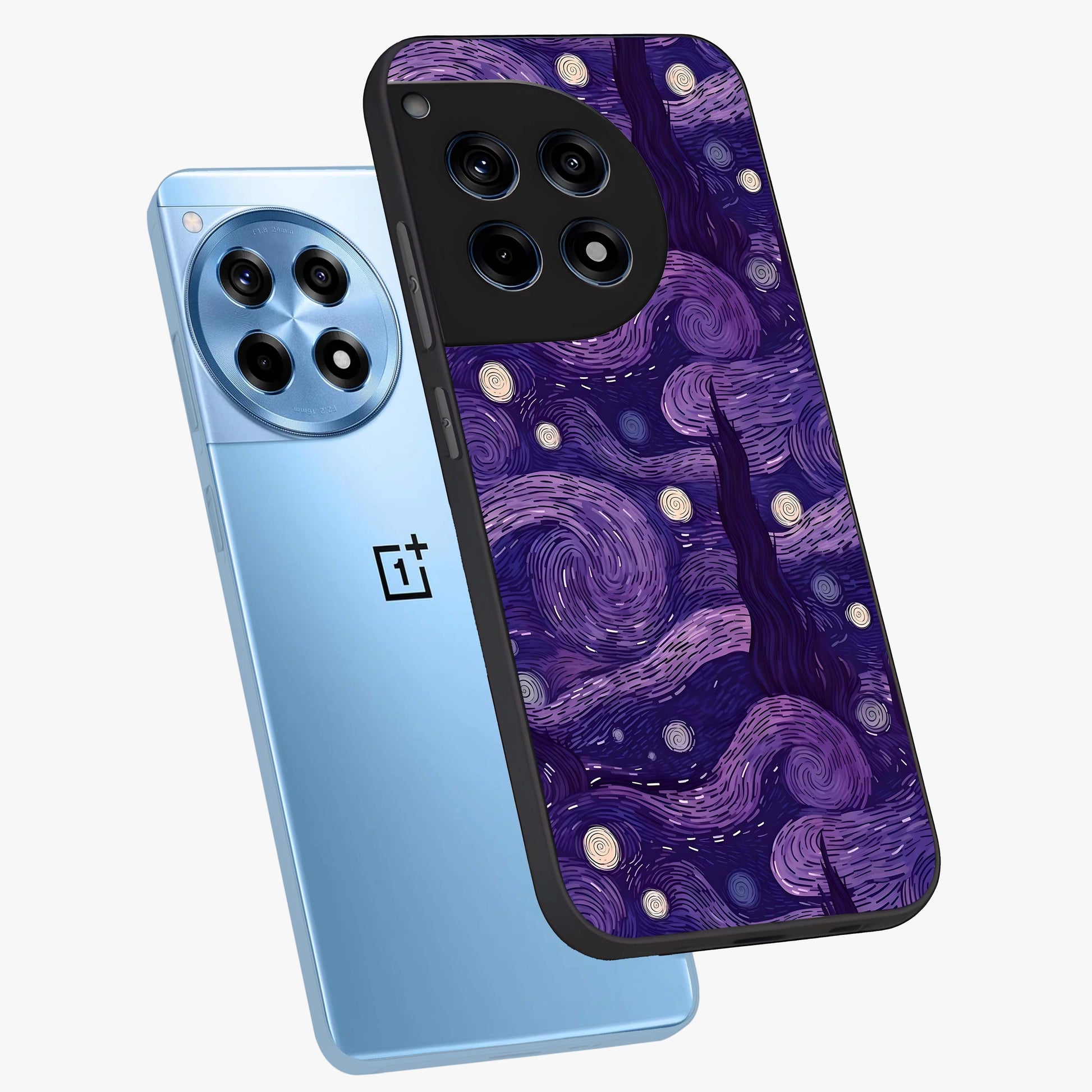 Purple Swirls Glass Case for 1+12R angled mockup showcasing glossy finish and smooth gradient detailing
