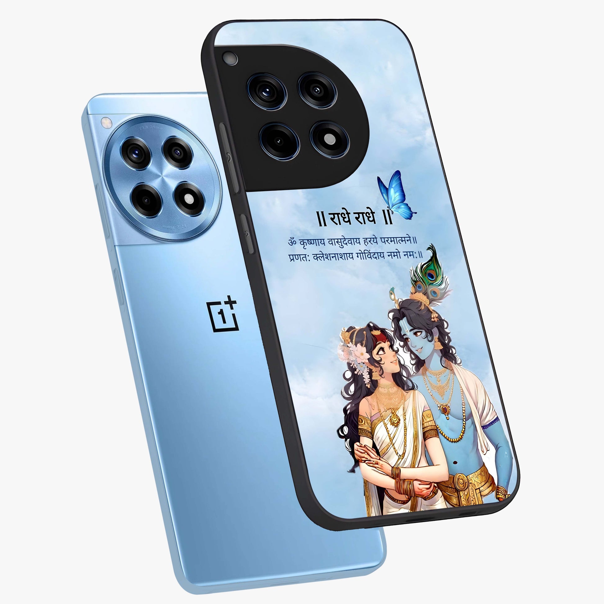 Radha Krishna Eternal Glass Case for 1+12R angled mockup showcasing glossy finish and rich cultural tones