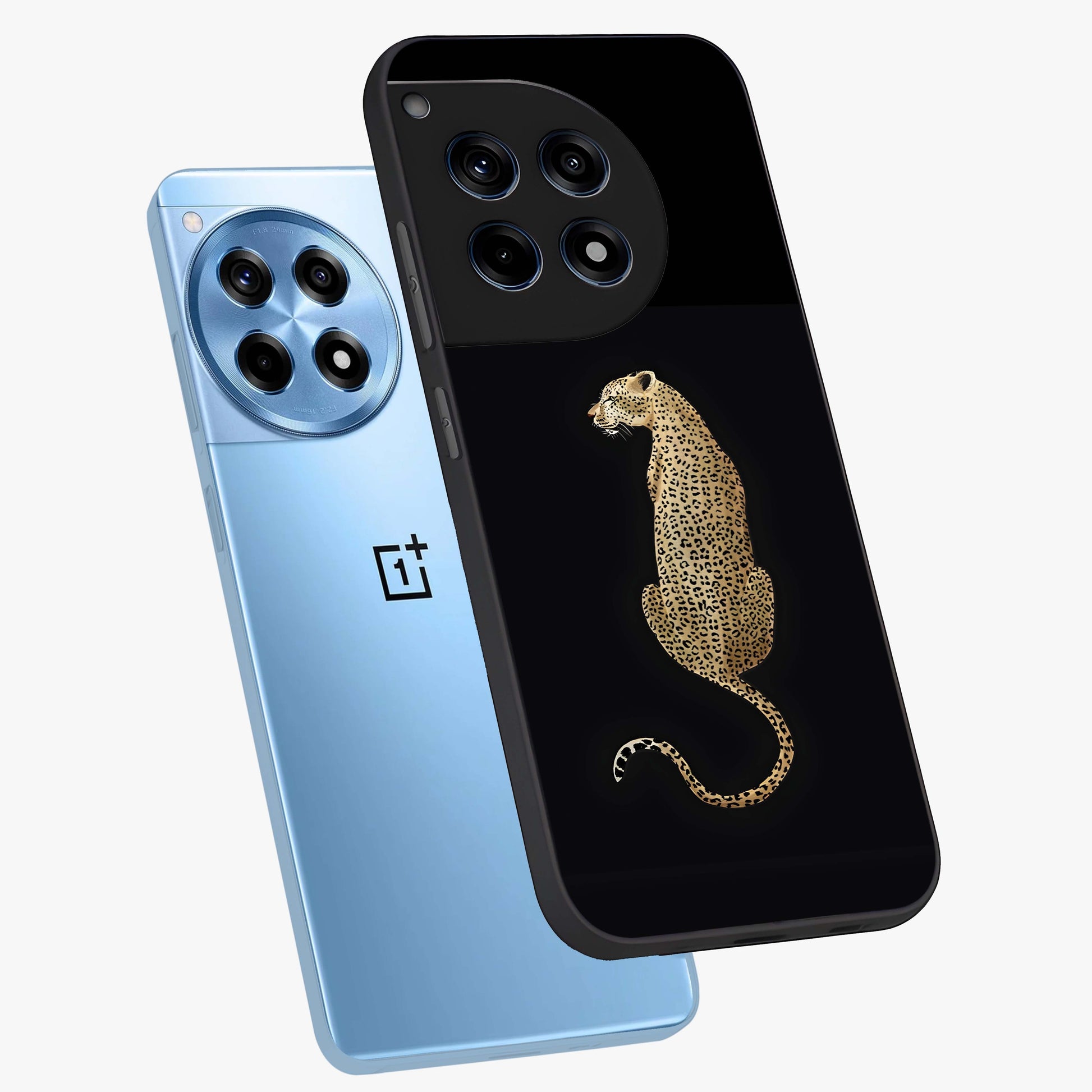 Regal Leopard Glass Case for 1+12R angled mockup showcasing glossy glass finish and detailed animal textures