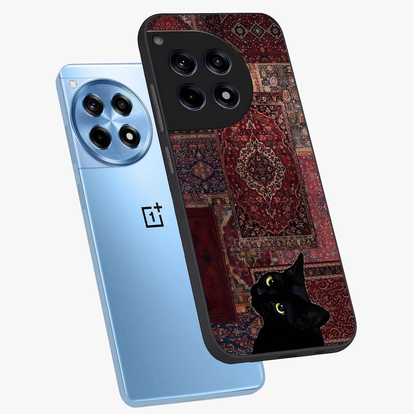 Regal Magic Cat Apple Glass Case for 1+12R angled mockup showcasing glossy finish and vibrant illustration detailing