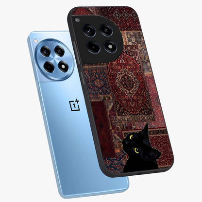 Regal Magic Cat Apple Glass Case for 1+12R angled mockup showcasing glossy finish and vibrant illustration detailing