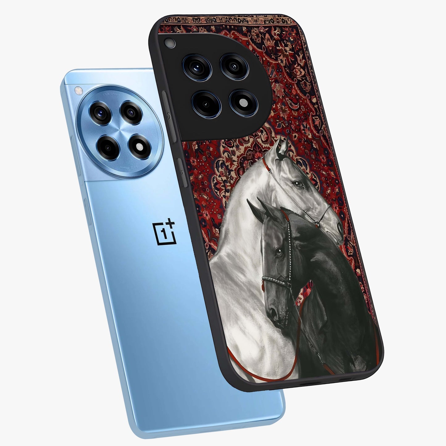 Regal Stallion Tapestry Glass Case for 1+12R angled mockup showcasing glossy finish and rich ornamental tones