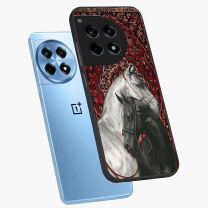 Regal Stallion Tapestry Glass Case for 1+12R angled mockup showcasing glossy finish and rich ornamental tones