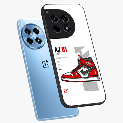 Retro Sneaker Blueprint Glass Case for 1+12R angled mockup showcasing glossy finish and sporty retro detailing
