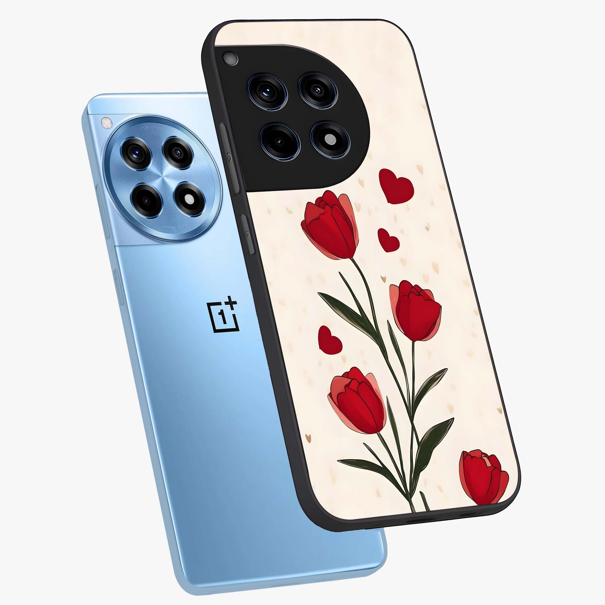 Romantic Tulip Hearts Glass Case for 1+12R angled mockup showcasing glossy glass finish and soft romantic tones
