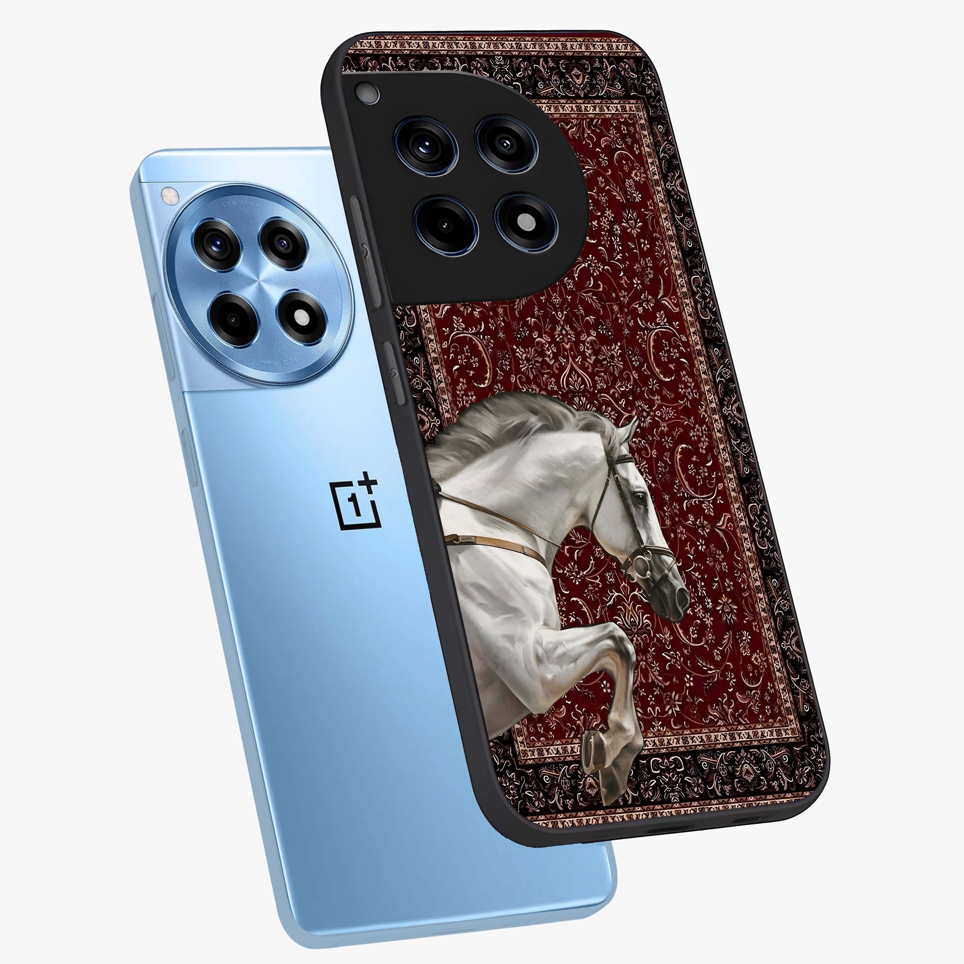 Royal Rider Tapestry Glass Case for 1+12R angled mockup showcasing glossy finish and heritage inspired detailing