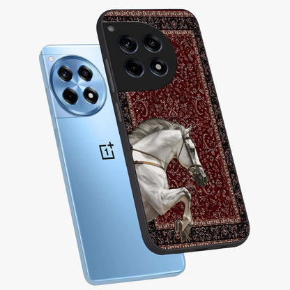 Royal Rider Tapestry Glass Case for 1+12R angled mockup showcasing glossy finish and heritage inspired detailing