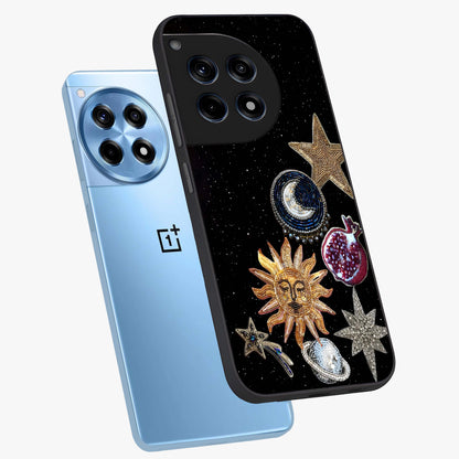 Scarlet Sky Flight Glass Case for 1+12R angled mockup showcasing glossy glass finish and vibrant sunset gradients