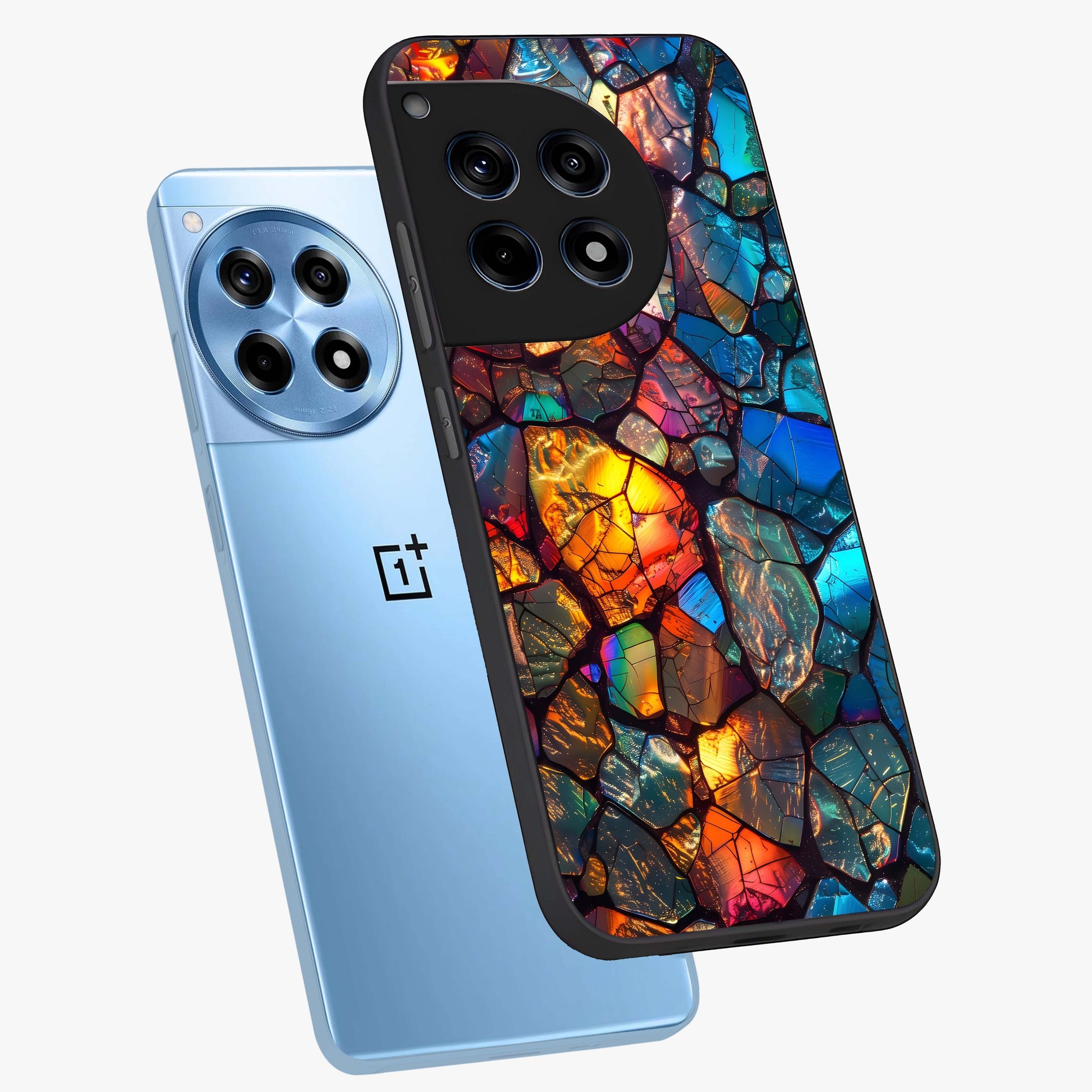 Shattered Light Glass Case for 1+12R angled mockup showcasing glossy finish and high contrast detailing