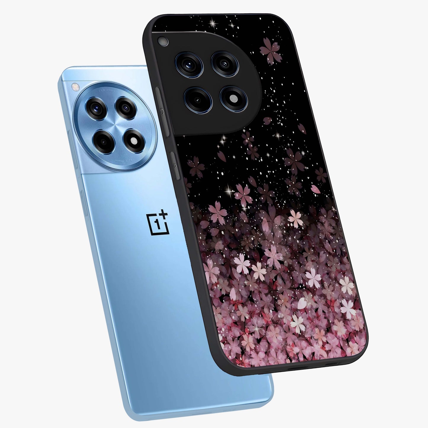 Small Starry Flowers Glass Case for 1+12R angled mockup showcasing glossy finish and soft pastel tones