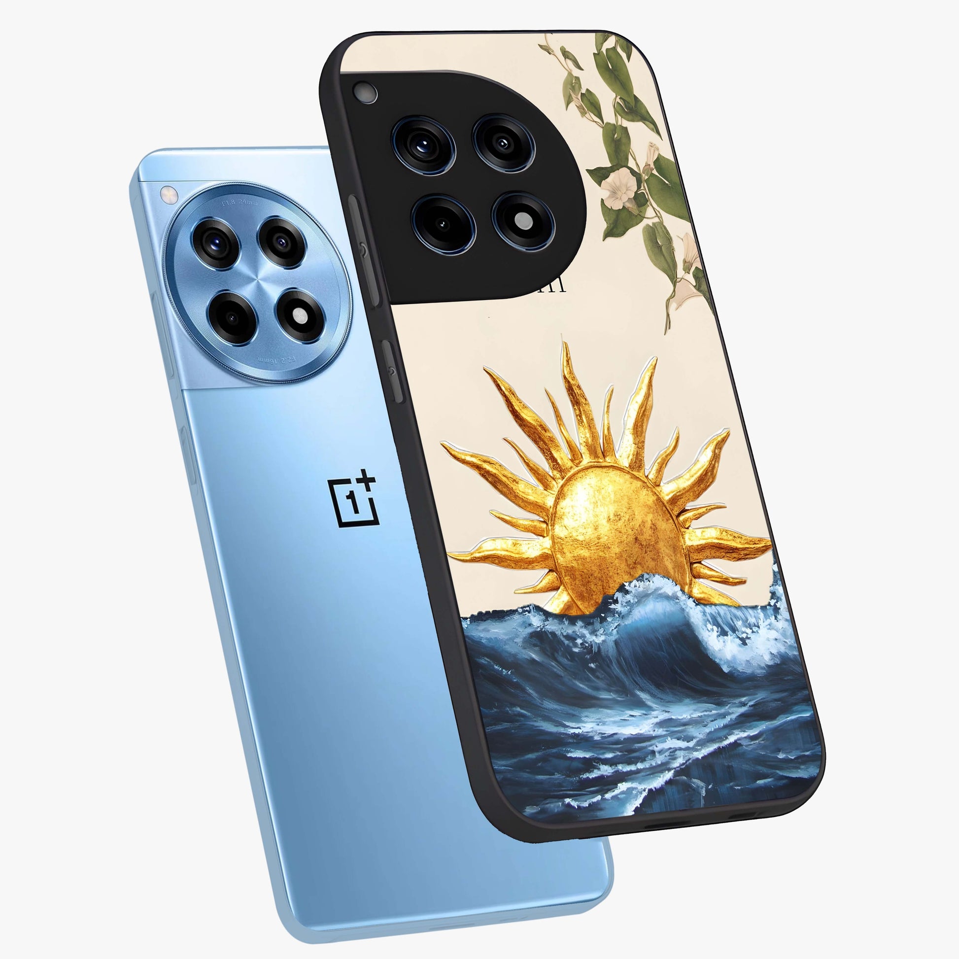 Solar Wave Bloom Glass Case for 1+12R angled mockup showcasing glossy finish and warm luminous tones