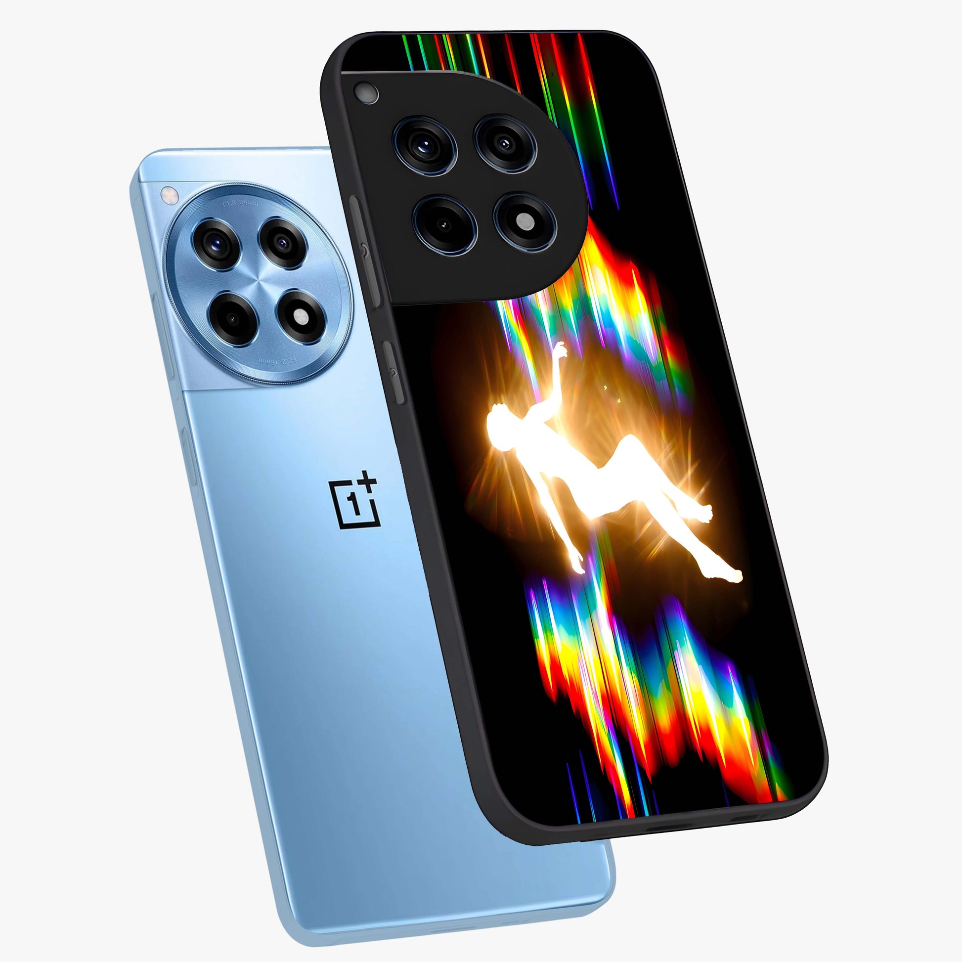 Soul in Spectrum Glass Case for 1+12R angled mockup showcasing glossy finish and vibrant gradient detailing