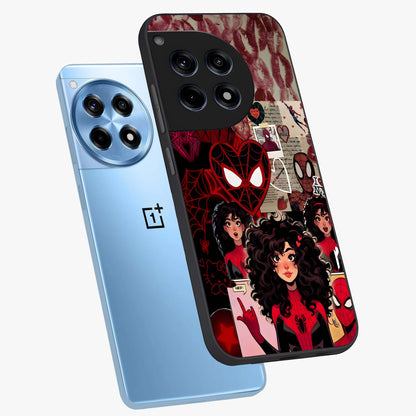 Spider Love Story Glass Case for 1+12R angled mockup showcasing glossy finish and vibrant comic style detailing