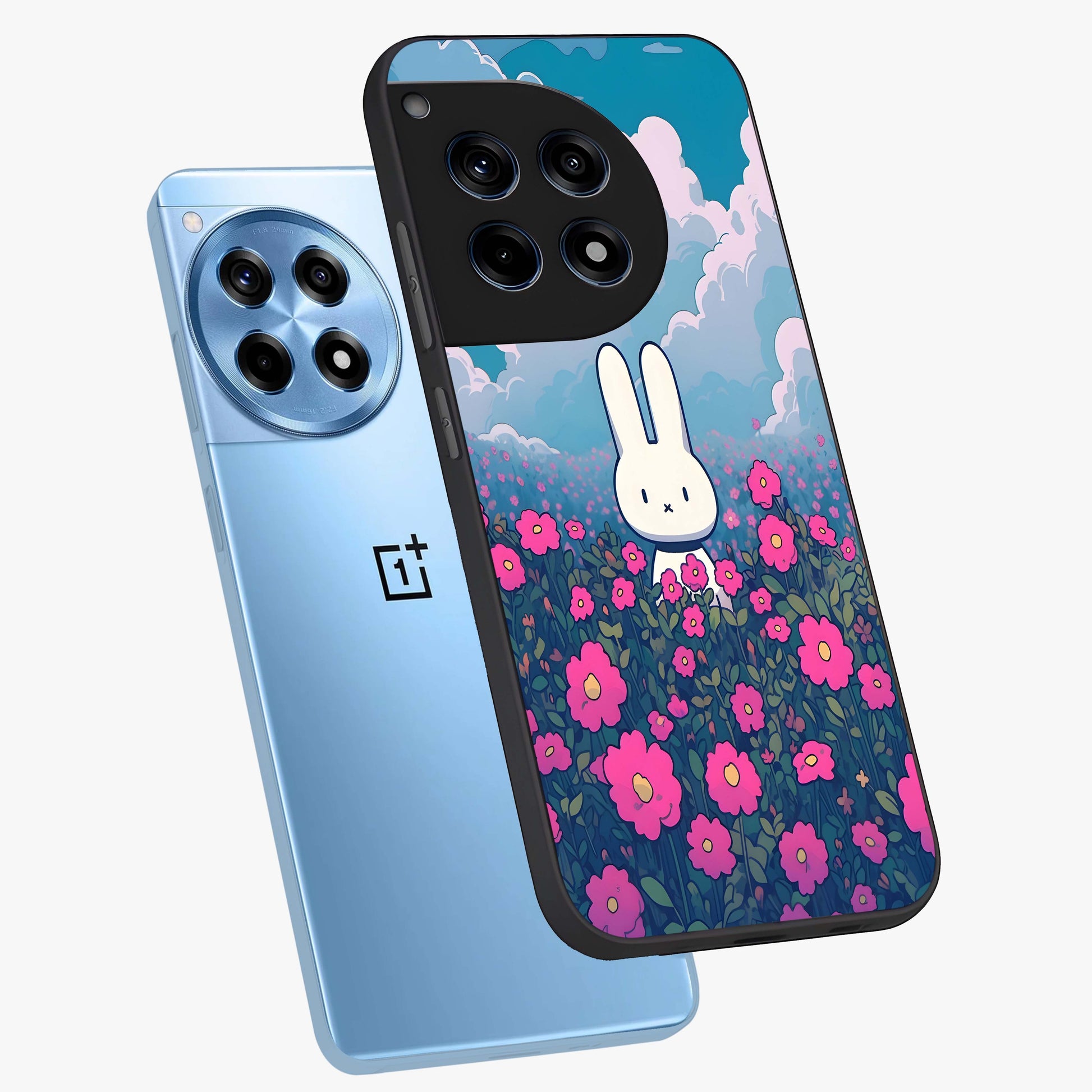 Springtime Blossom Bunny Glass Case for 1+12R angled mockup showcasing glossy finish and soft pastel tones