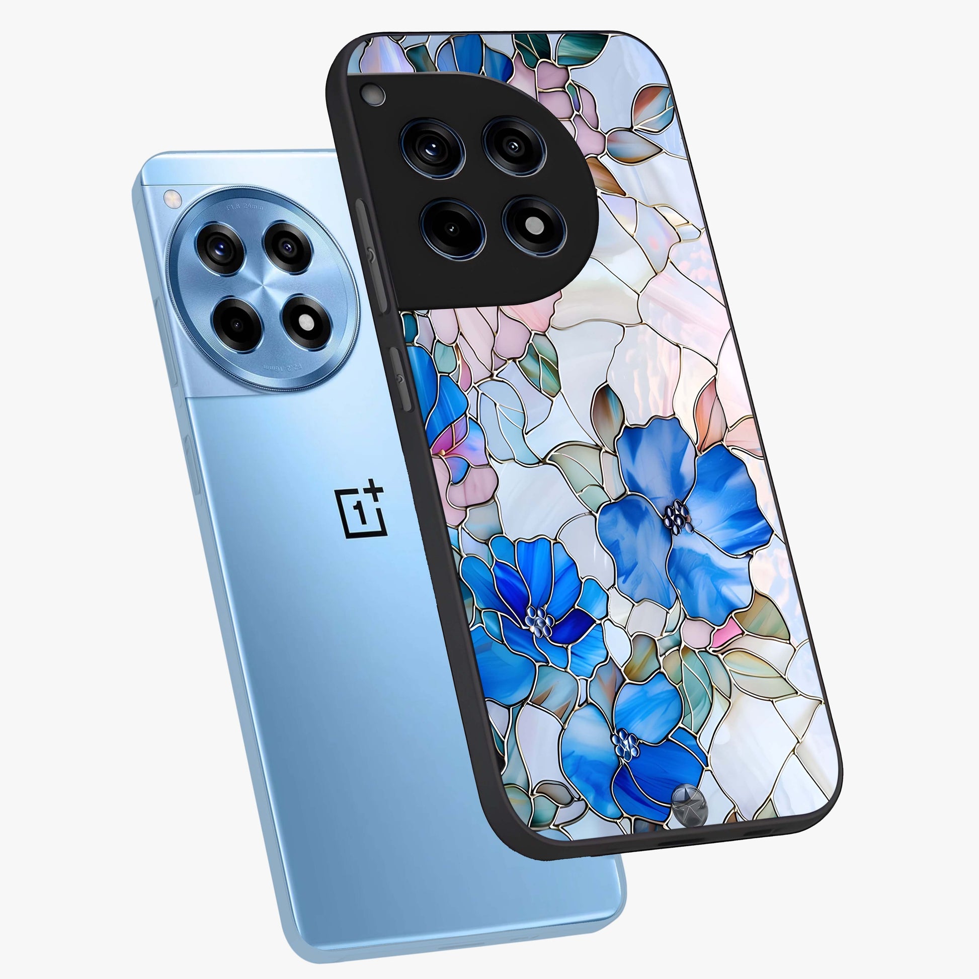 Stained Blue Floral Glass Case for 1+12R angled mockup showcasing glossy glass finish and rich sapphire tones