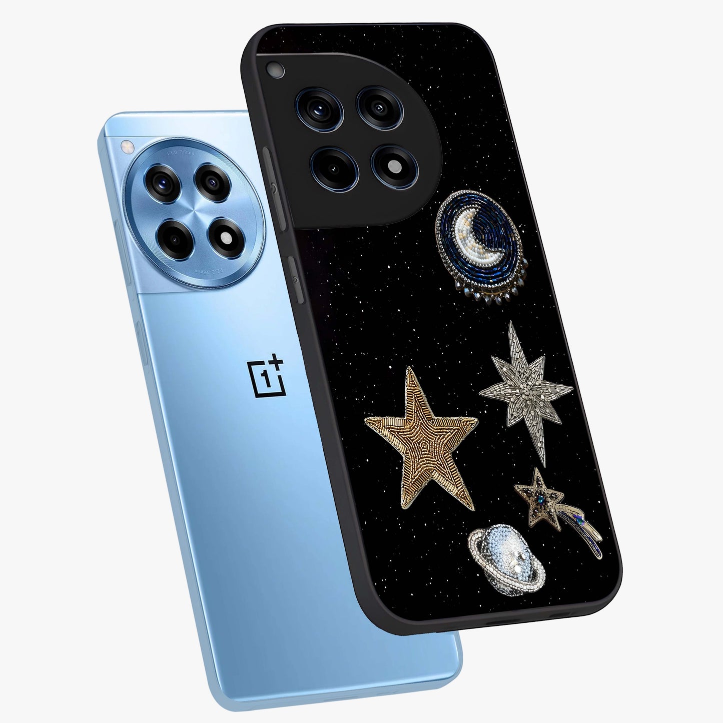 Starlit Cosmic Dreams Glass Case for 1+12R angled mockup showcasing glossy finish and deep space gradients