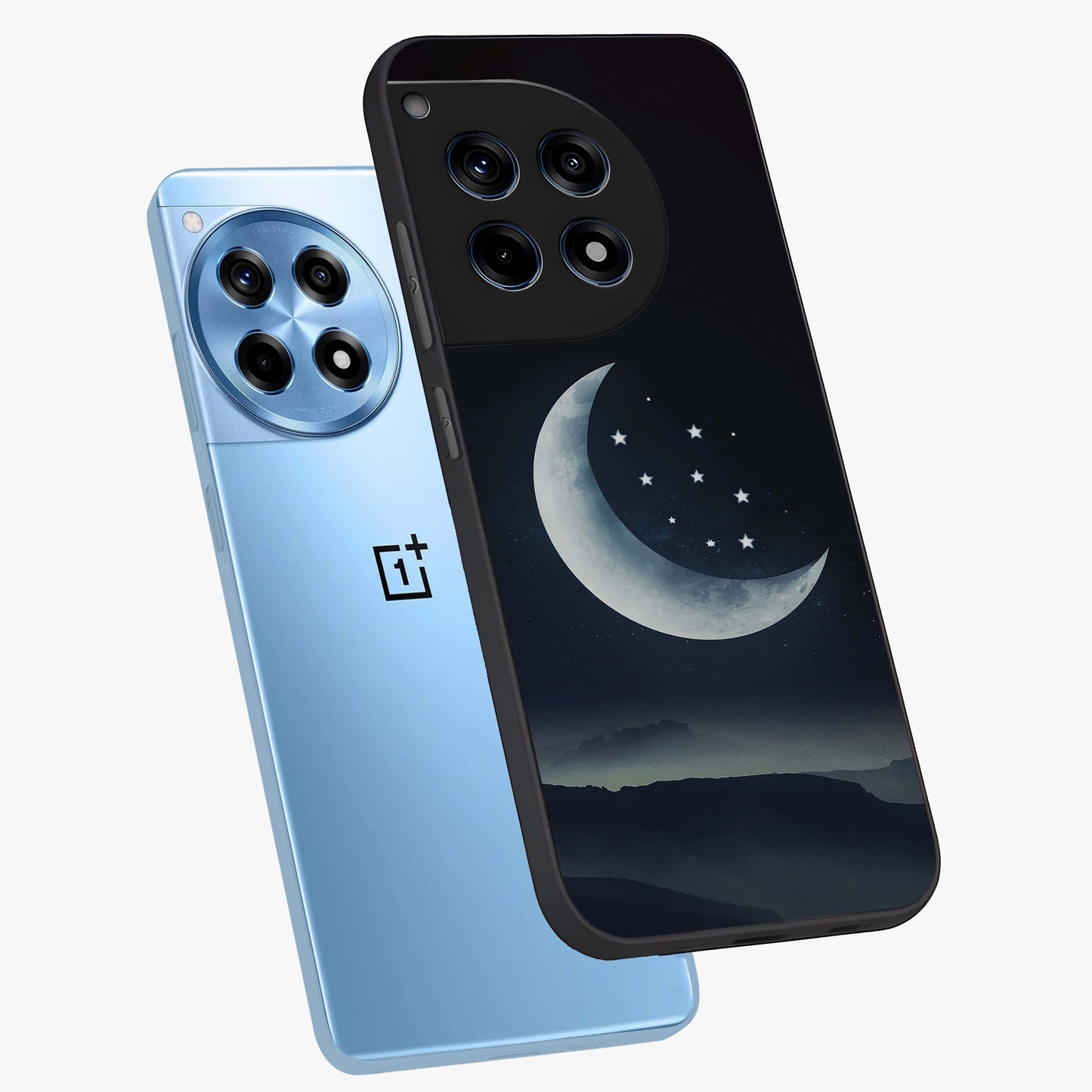 Starry Moon Pattern Glass Case for 1+12R angled mockup showcasing glossy glass finish and deep night tones