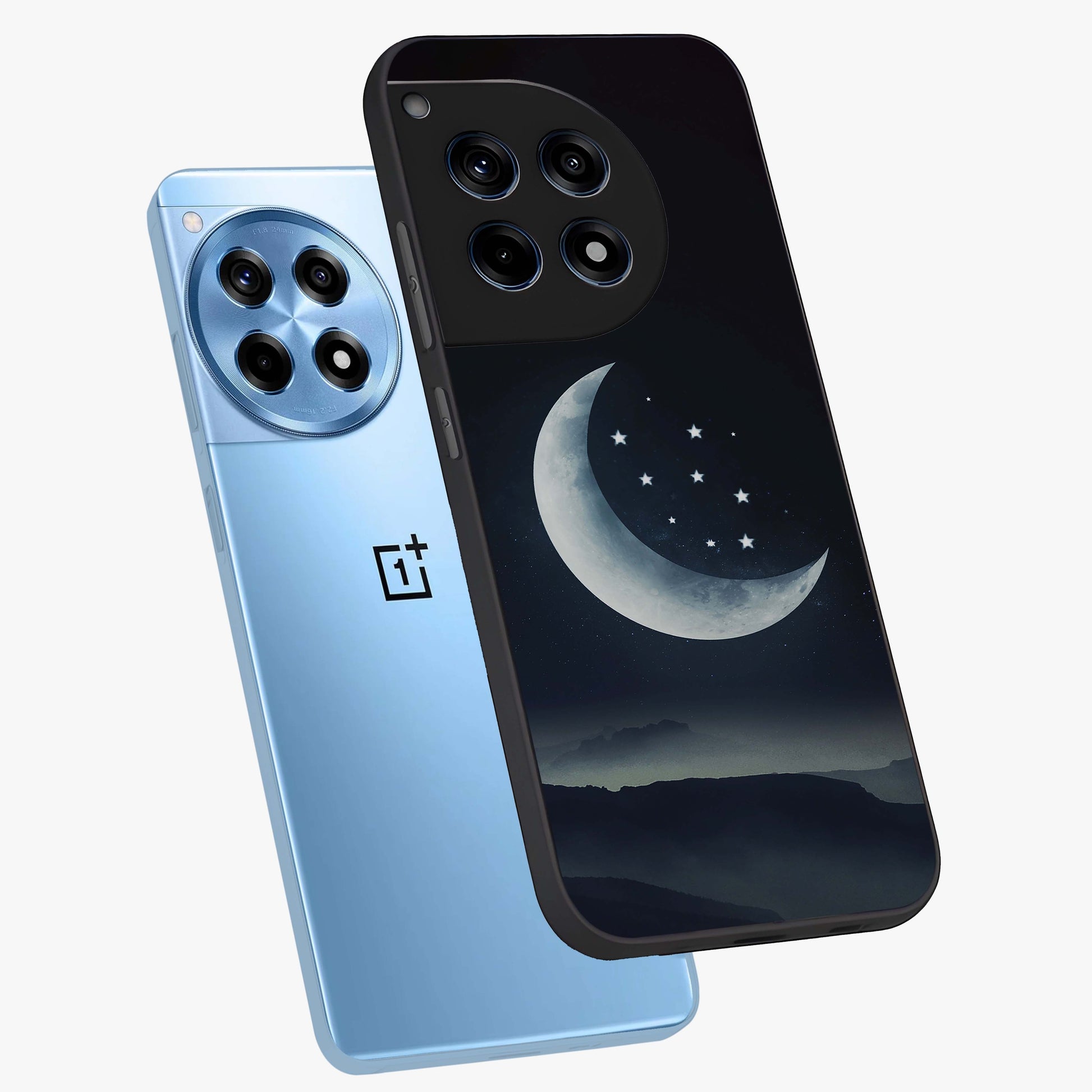 Starry Moon Pattern Glass Case for 1+12R angled mockup showcasing glossy glass finish and deep night tones