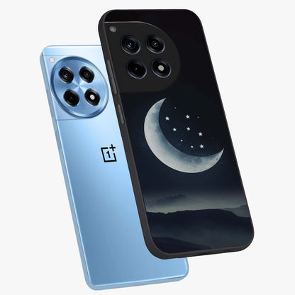Starry Moon Pattern Glass Case for 1+12R angled mockup showcasing glossy glass finish and deep night tones