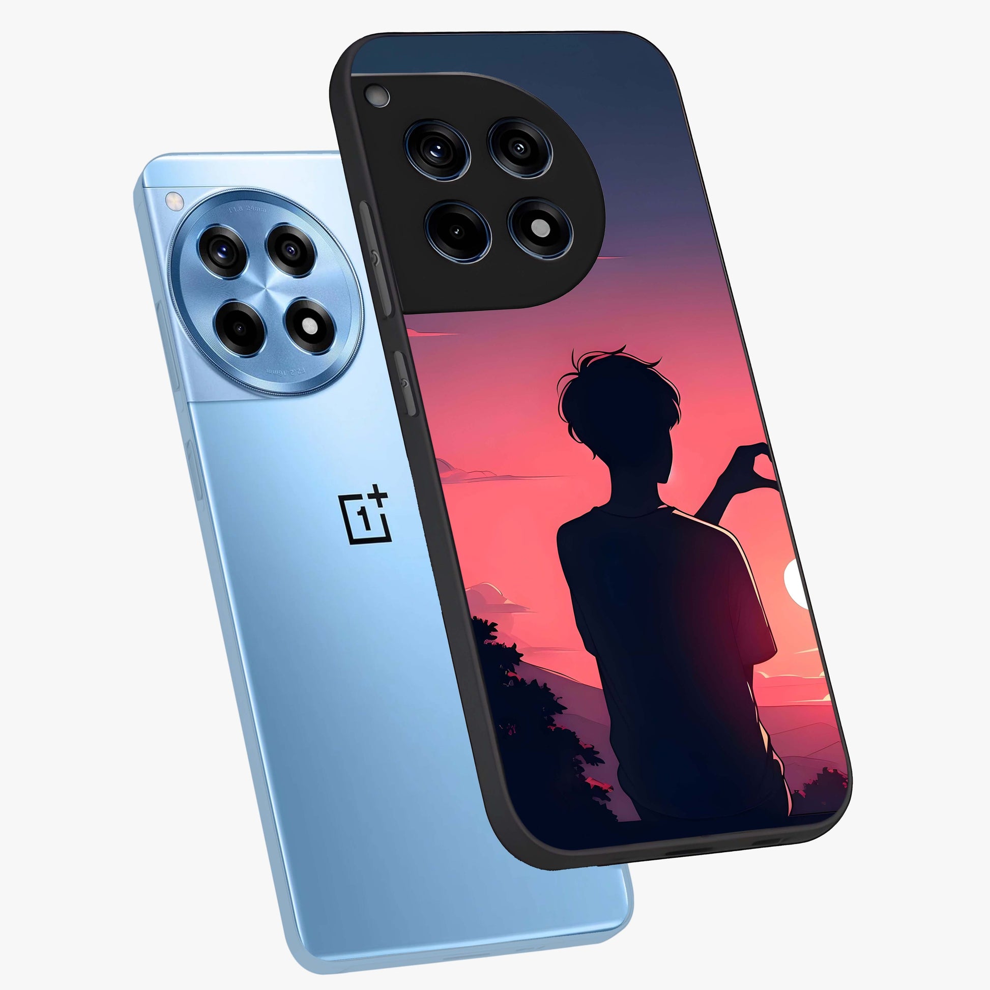 Sunset Silhouette Girl Glass Case for 1+12R angled mockup showcasing glossy finish and warm gradient tones