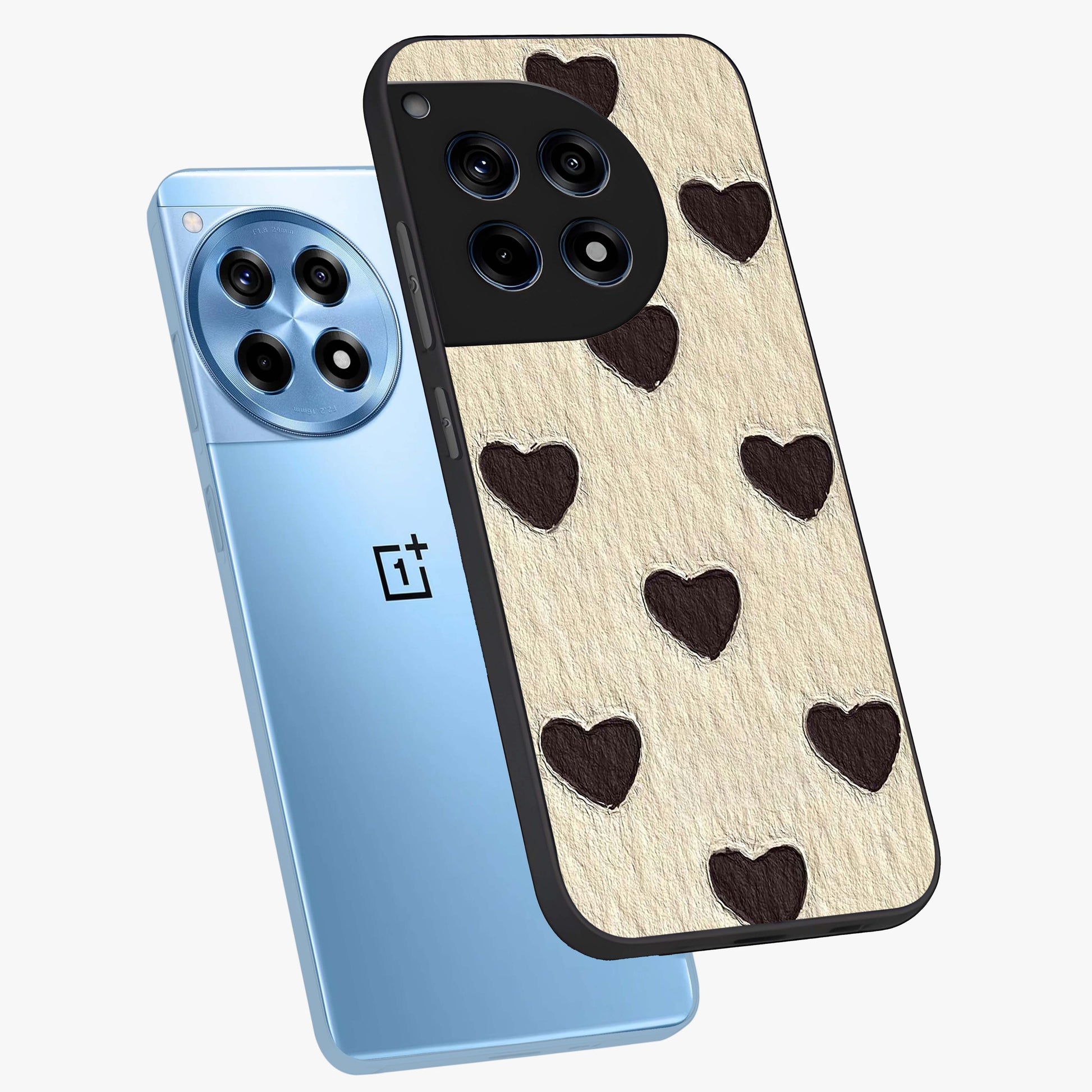 Textured Love Pattern Glass Case for 1+12R angled mockup showcasing glossy finish and subtle pattern detailing