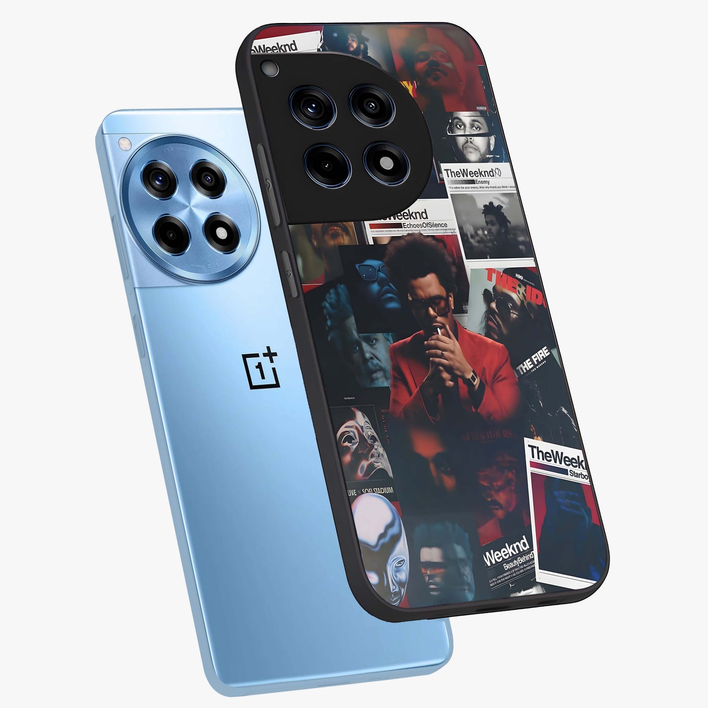 The Weeknd Glass Case for 1+12R angled mockup showcasing glossy finish and bold modern tones