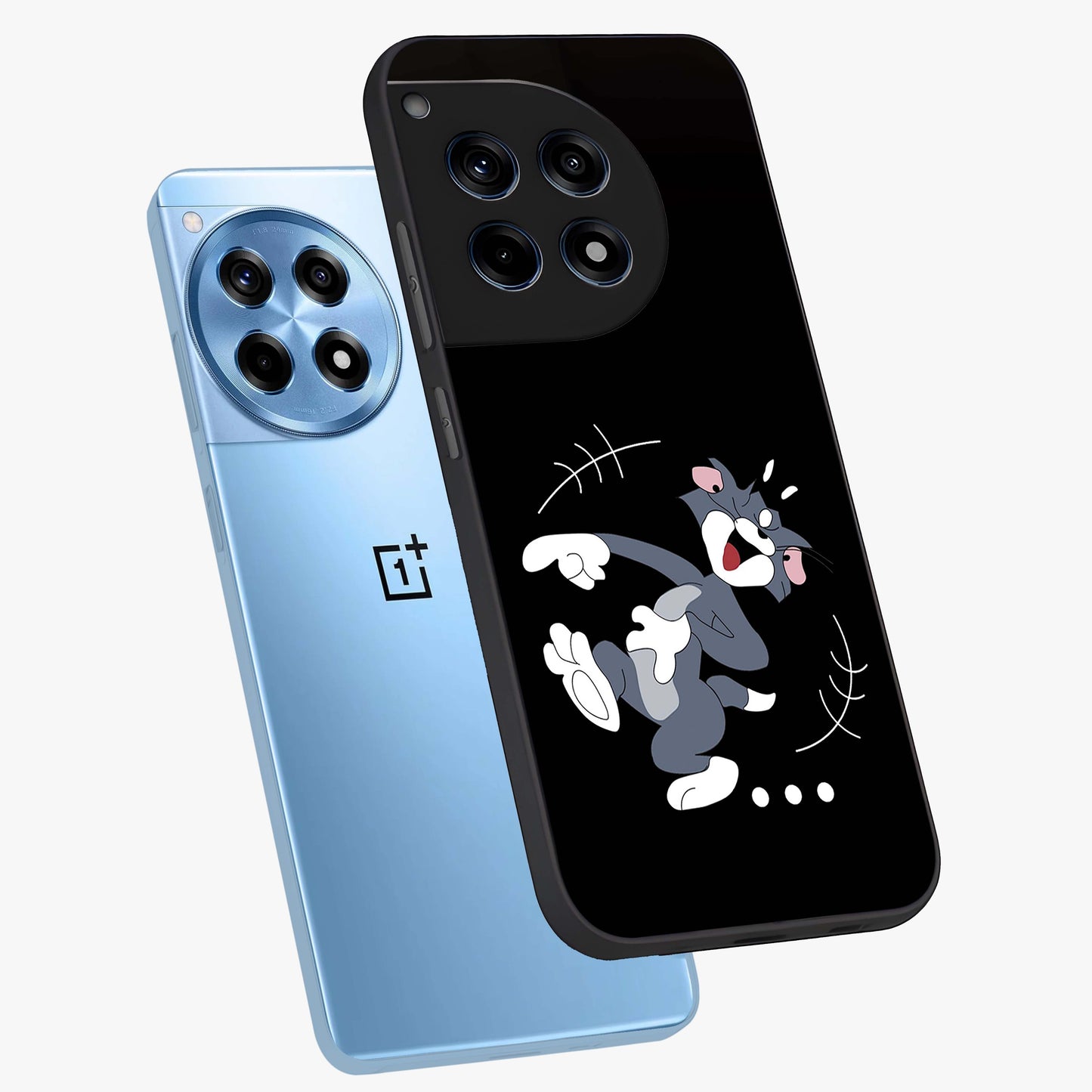 Tom in Trouble Glass Case for 1+12R angled mockup showcasing glossy finish and vibrant cartoon detailing