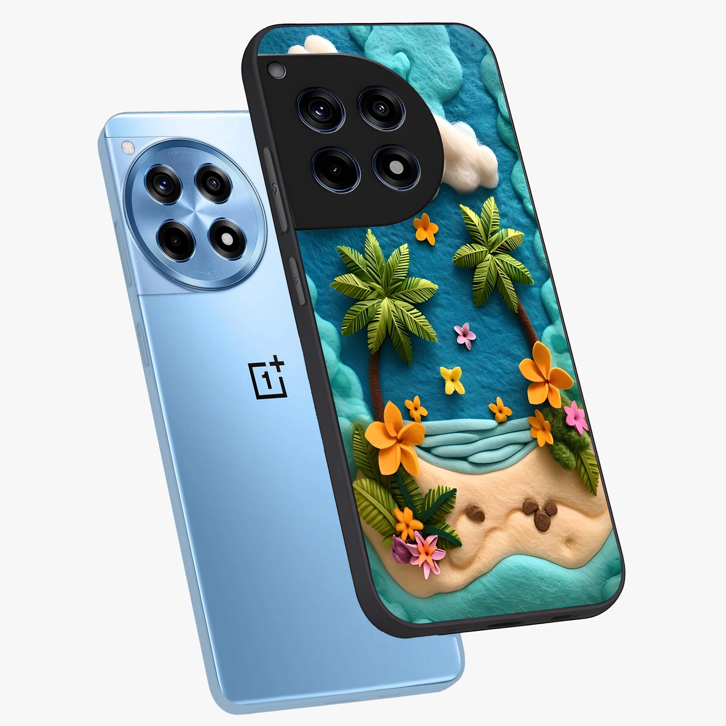 Tropical Felt Escape Glass Case for 1+12R angled mockup showcasing glossy finish and vibrant island tones