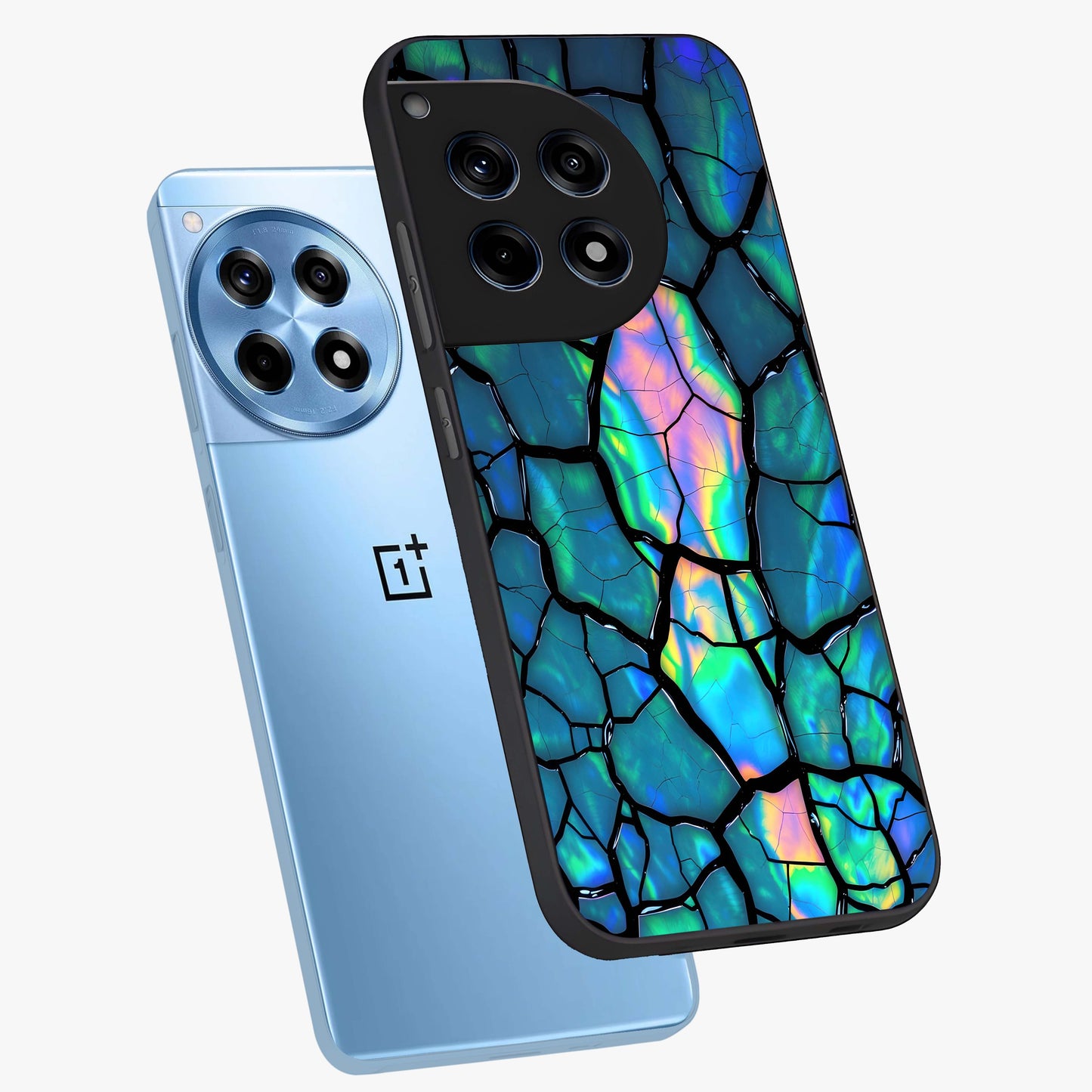 Tropical Wing Vibe Glass Case for 1+12R angled mockup showcasing glossy finish and bold gradient detailing