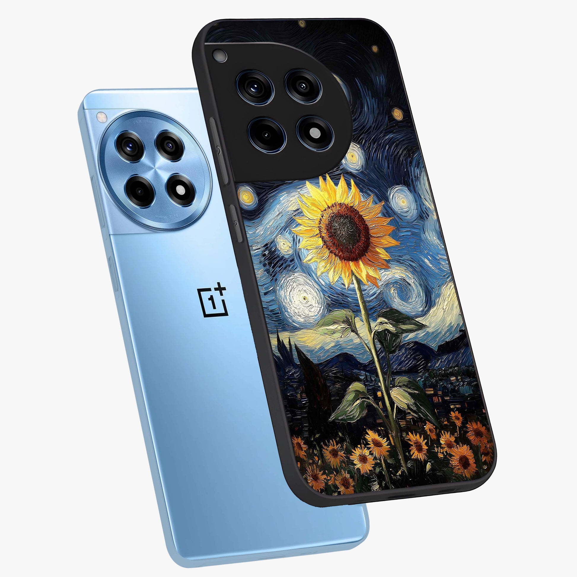 Van Gogh Sunflower Glass Case for 1+12R angled mockup showcasing glossy finish and bold yellow tones