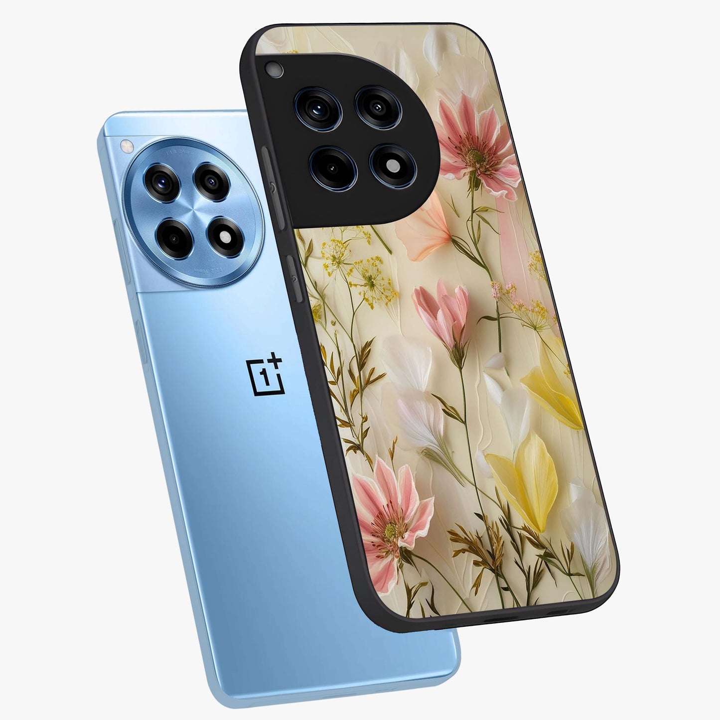 Whispering Petal Harmony Glass Case for 1+12R angled mockup showcasing glossy finish and delicate bloom detailing