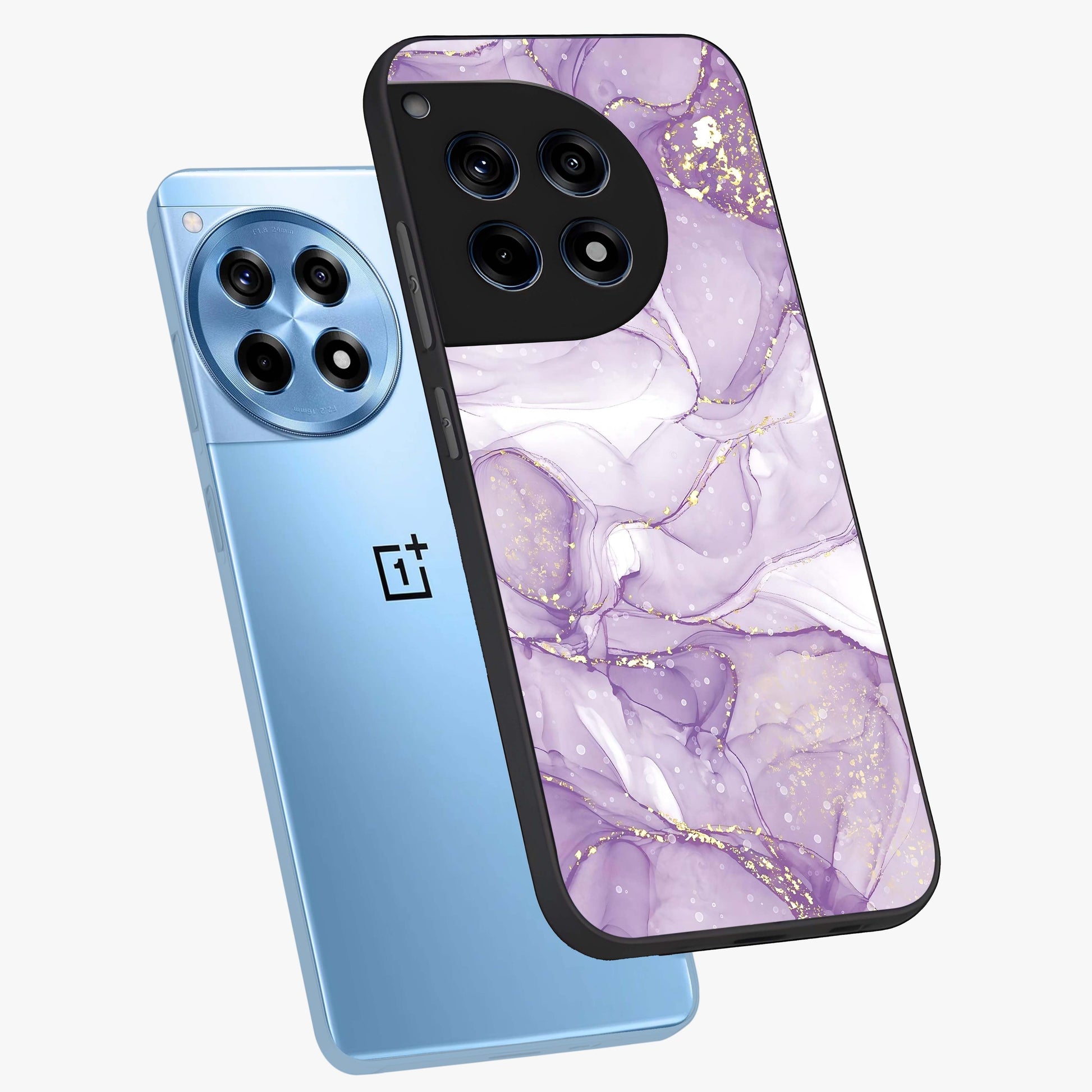 White and Purple Marble Glass Case for 1+12R angled mockup showcasing glossy finish and refined stone detailing