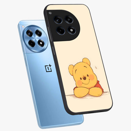 Winniethe Pooh Glass Case for 1+12R angled mockup showcasing glossy finish and soft playful tones