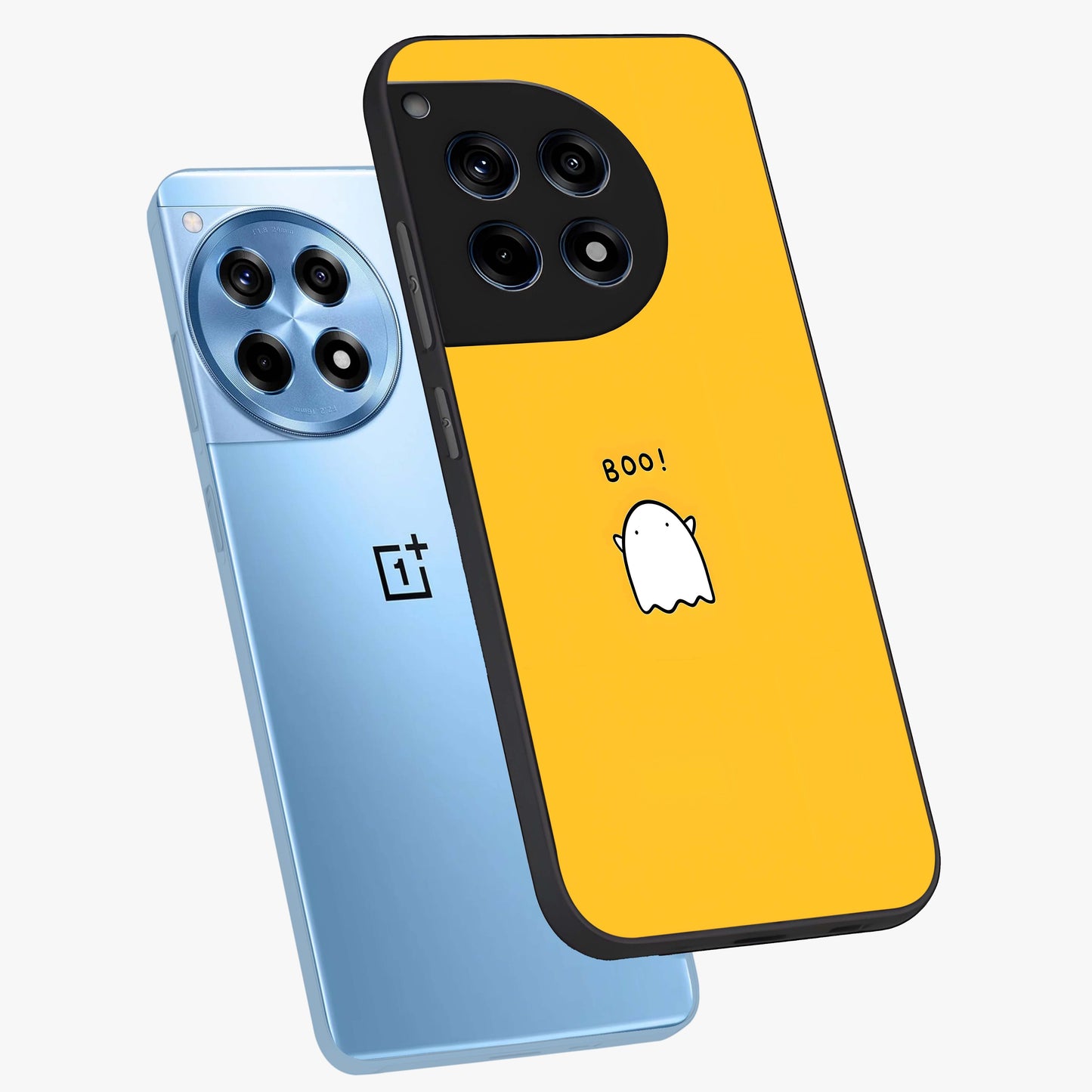 Yellow Boo Ghost Glass Case for 1+12R angled mockup showcasing glossy finish and fun animated detailing