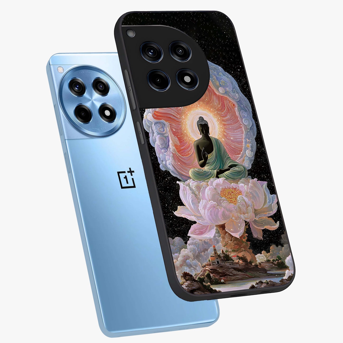 Zen Lotus Realm Glass Case for 1+12R angled mockup showcasing glossy finish and serene gradient detailing