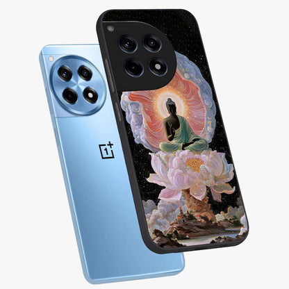 Zen Lotus Realm Glass Case for 1+12R angled mockup showcasing glossy finish and serene gradient detailing