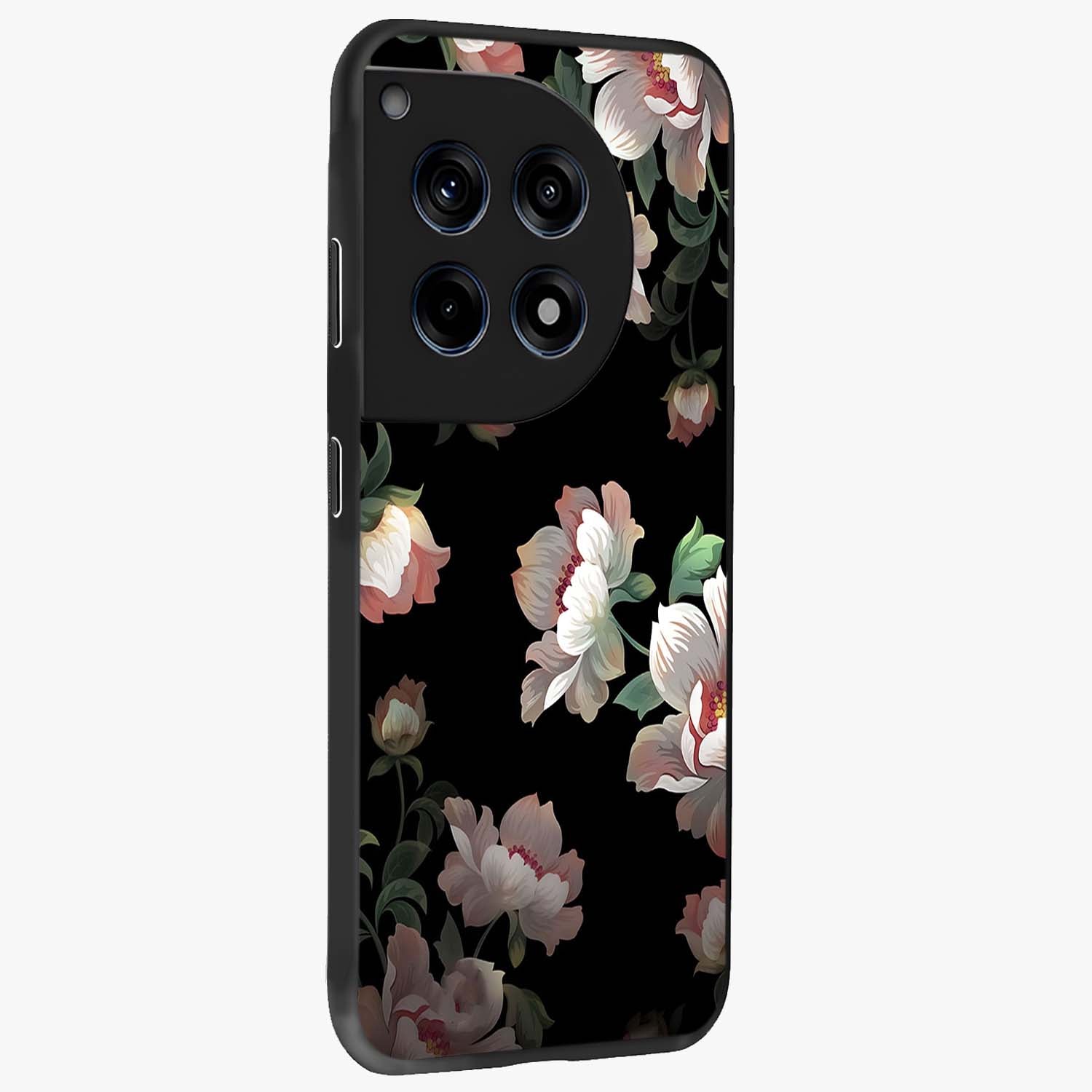 Abstract Embossed Blooming Bright Flower Glass Case for 1+12R side perspective highlighting bright embossed flower texture