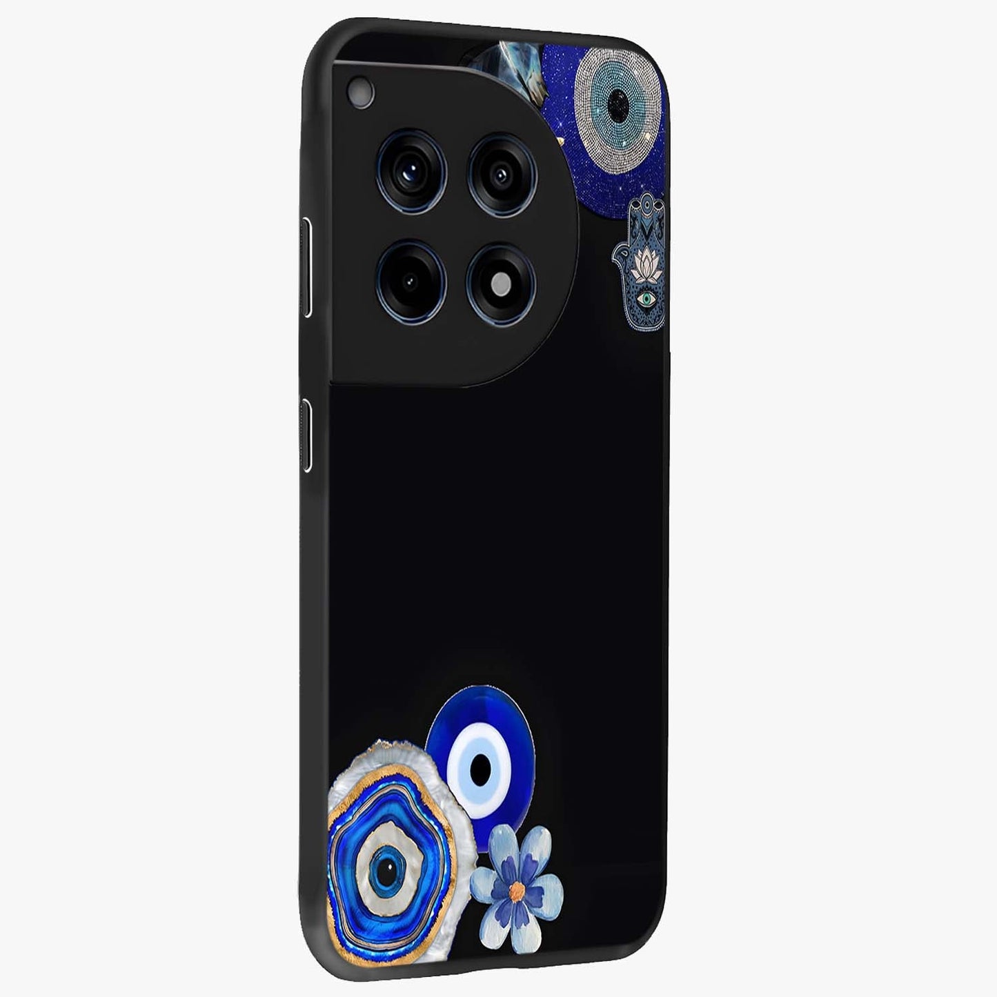 Aesthetic Blue Evil Eye Glass Case for 1+12R side perspective highlighting bold blue evil eye detailing
